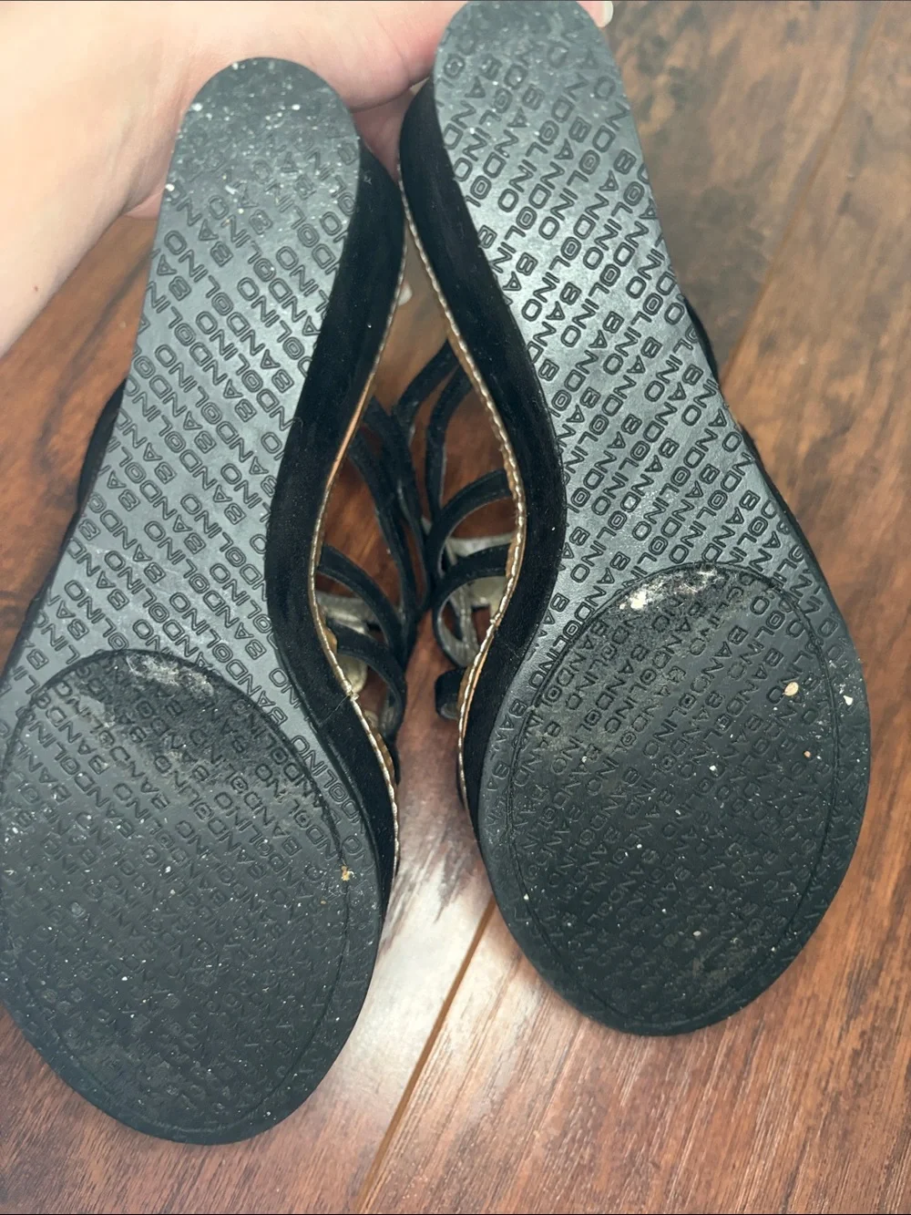 Bandolino Black Suede Floral Studded Wedge Sandals